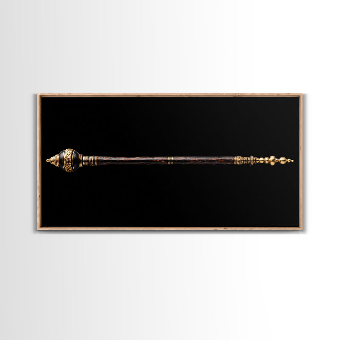 Ornate African Ceremonial Staff Wall Art, Tribal Artifact Canvas Print, Black Gold Scepter, Cultural Statement Decor Gift