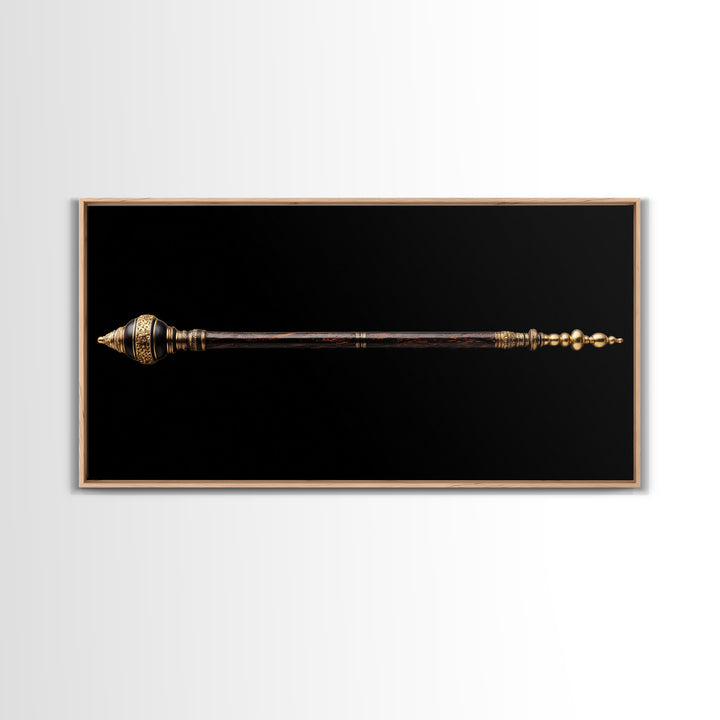 Ornate African Ceremonial Staff Wall Art, Tribal Artifact Canvas Print, Black Gold Scepter, Cultural Statement Decor Gift