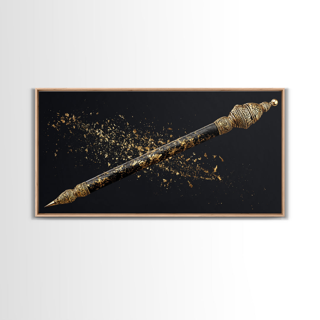 Ornate Black Gold Ceremonial Spear Canvas Print, African Warrior Art, Tribal Wall Decor, Afrocentric Luxury Home Decor Gift