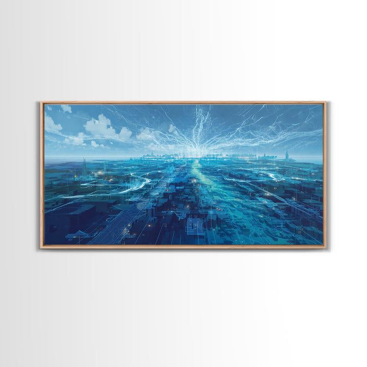 Blue Futuristic Digital Cityscape Wall Art, Afrofuturism Decor, Modern African Inspired Office Art, Luminous Skyline Print