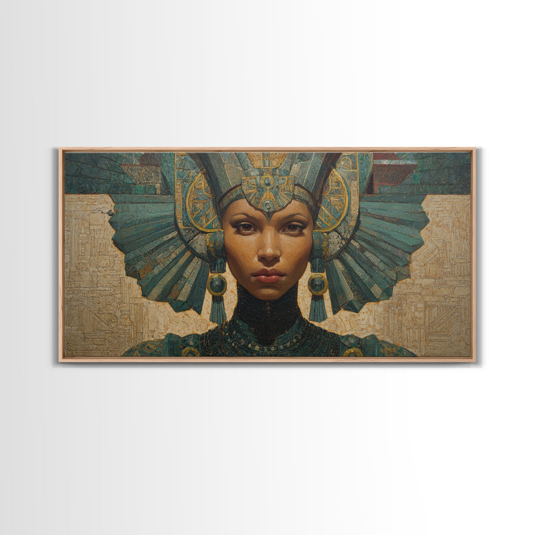 Regal Egyptian Queen Headdress Canvas Print, African Portrait Wall Art, Teal Gold Cultural Decor, Goddess Home Decor Gift