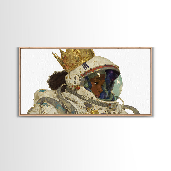 Crowned Black Girl Astronaut Framed Canvas Print, Afrofuturism Wall Art, Black Queen Portrait, Space Galaxy Home Decor Gift