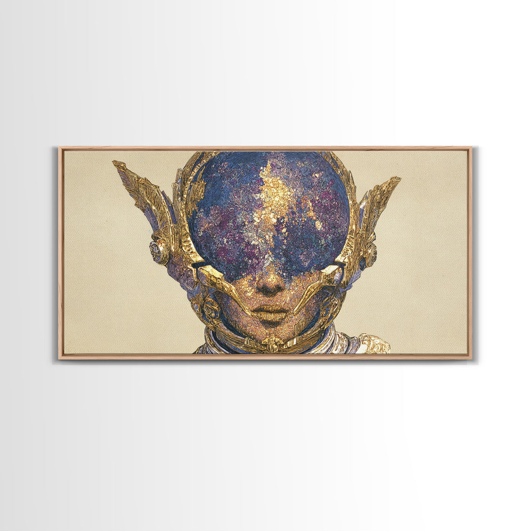 Cosmic Gold Goddess Face Wall Art, African Abstract Portrait, Mystical Afrocentric Decor, Fantasy Figure Luxury Canvas Print