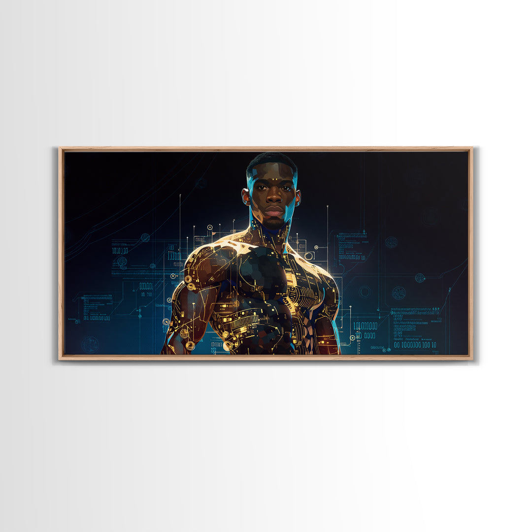 Powerful Black Cyborg Warrior Wall Art, Afrofuturism Decor, African American Art, Futuristic Tech Portrait Canvas Print Gift