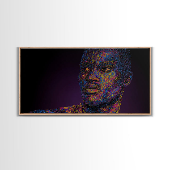 Neon Pointillist Black Man Portrait Canvas Print, African American Wall Art, Digital Afro Art, Modern Masculine Home Decor