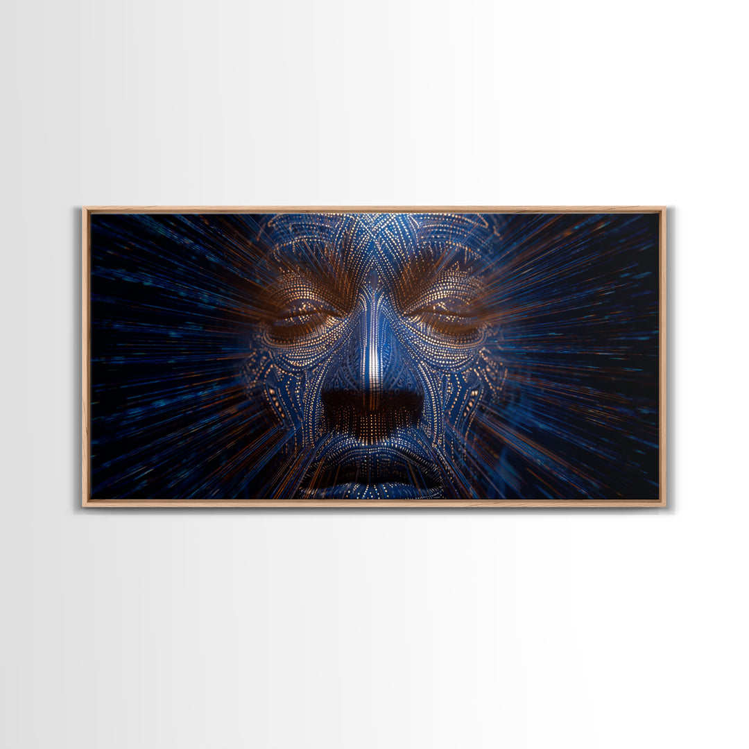Blue Orange Digital Tribal Face Wall Art, African Mask Art, Afrofuturism Decor, Abstract Black Art, Statement Canvas Print