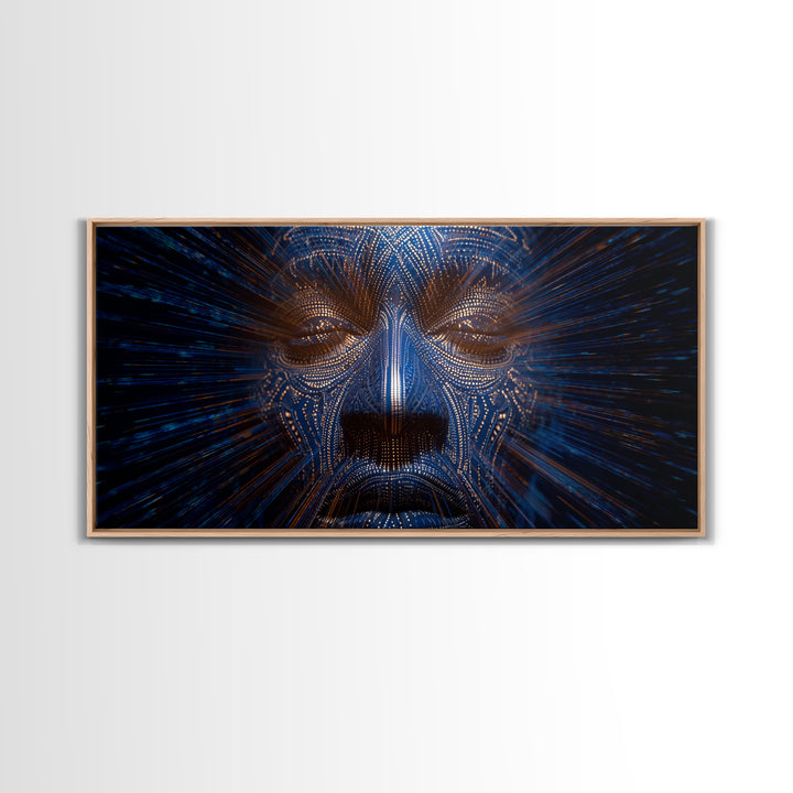 Blue Orange Digital Tribal Face Wall Art, African Mask Art, Afrofuturism Decor, Abstract Black Art, Statement Canvas Print