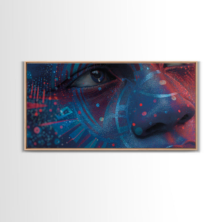 Blue Red Afro Futurist Face Close Up Wall Art, African Portrait, Black Beauty Art, Tribal Art Decor, Modern Canvas Print