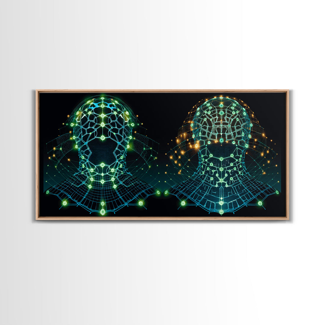 Glowing Cyber African Masks Canvas Print, Afrofuturism Decor, Tribal Mask Art, Digital Wall Art, Afrocentric Home Decor Gift