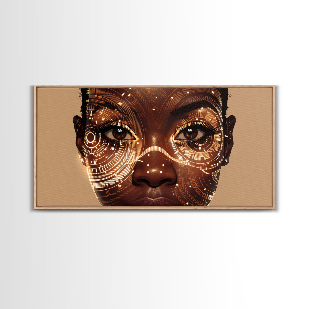 Golden Circuit African Woman Portrait Framed Canvas Print, Black Female Art, Afrocentric Wall Art, Luxury Canvas Art Decor