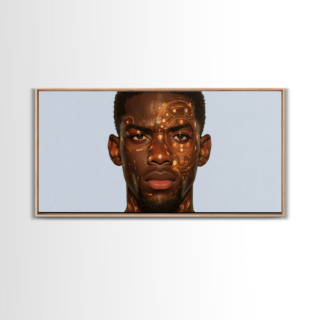 Orange Cyber Tribal Black Man Portrait Wall Art, African Portrait, Black Man Wall Art, Afrocentric Decor, Modern Canvas Art