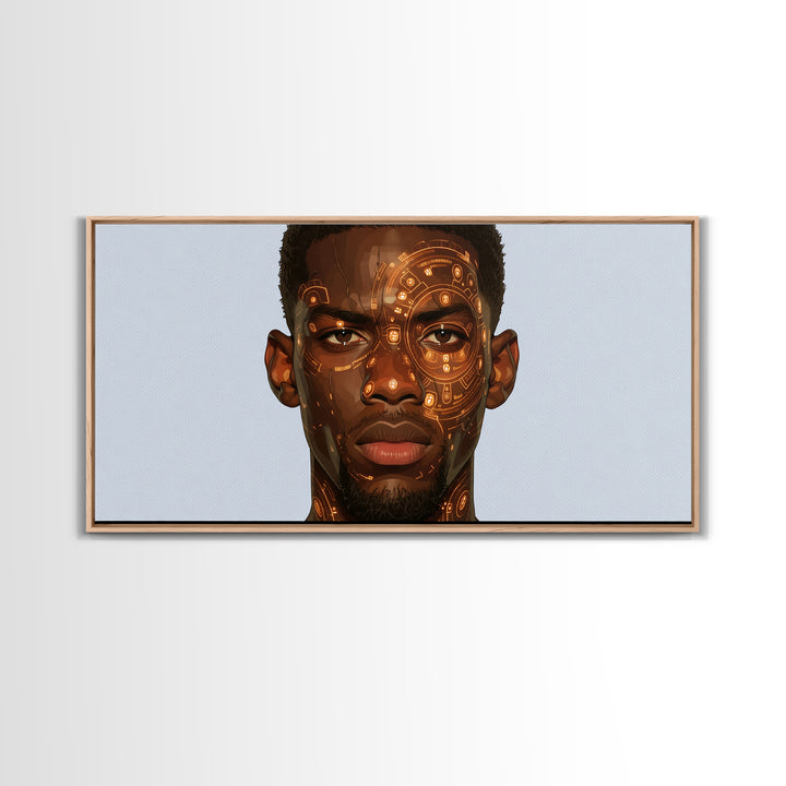 Orange Cyber Tribal Black Man Portrait Wall Art, African Portrait, Black Man Wall Art, Afrocentric Decor, Modern Canvas Art