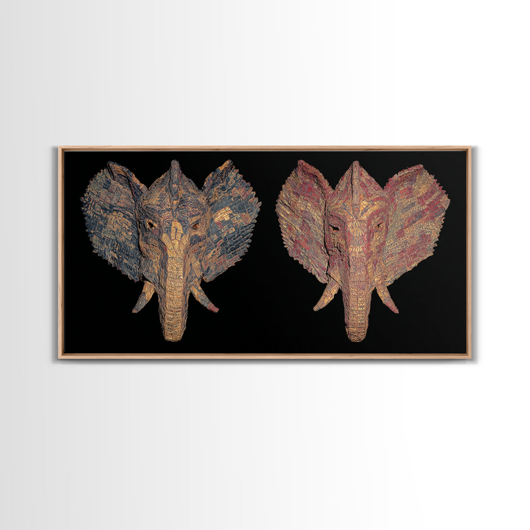 Textured Twin Elephant Mask Canvas Print, African Elephant Art, Tribal Mask Canvas, Safari Decor, Unique Wall Decor Gift
