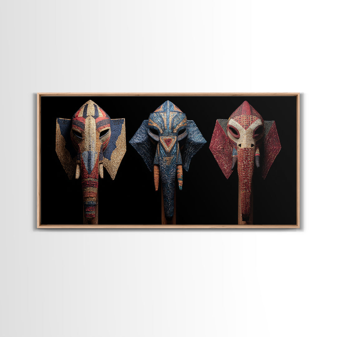 Three Beaded Elephant Tribal Masks Framed Canvas Print, African Mask Art, Safari Wall Art, Colorful African Art Decor Gift