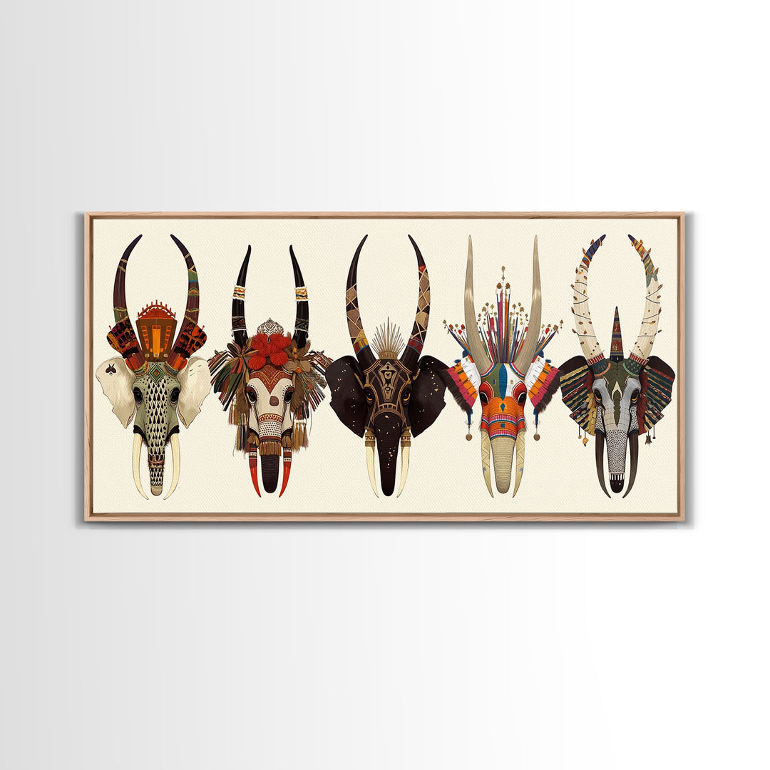 Horned African Animal Skull Masks Wall Art, Tribal Mask Art, African Safari Art, Cultural Wall Decor, Statement Piece Gift