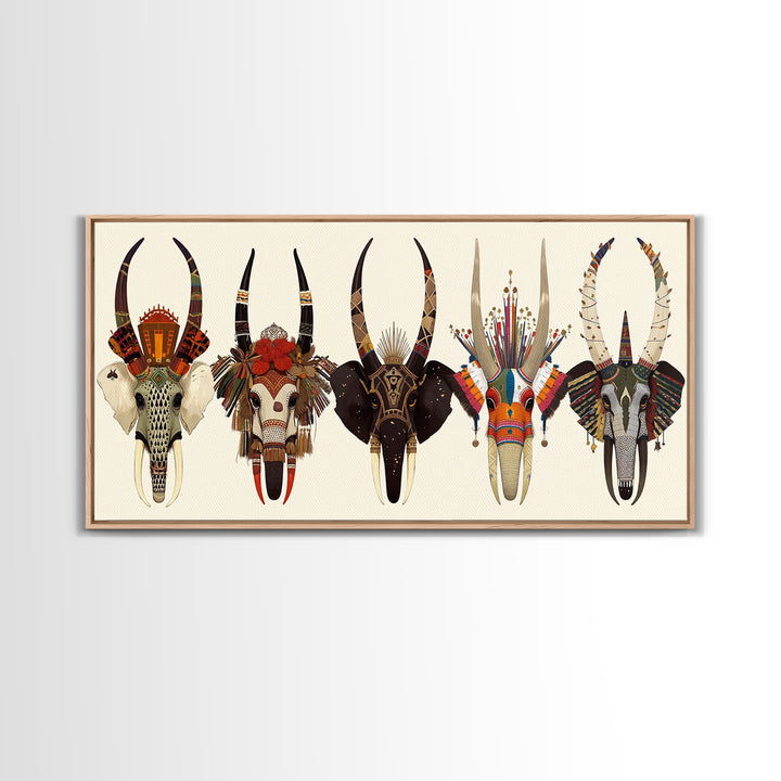 Horned African Animal Skull Masks Wall Art, Tribal Mask Art, African Safari Art, Cultural Wall Decor, Statement Piece Gift