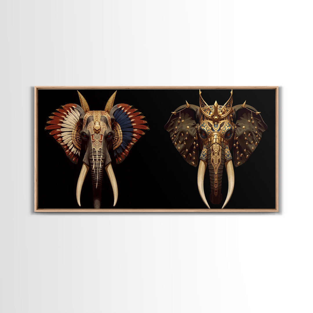 Ornate African Elephant Mask Wall Art, Gold Tribal Safari Decor, Afrocentric Animal Artwork, Luxury Canvas Print For Home