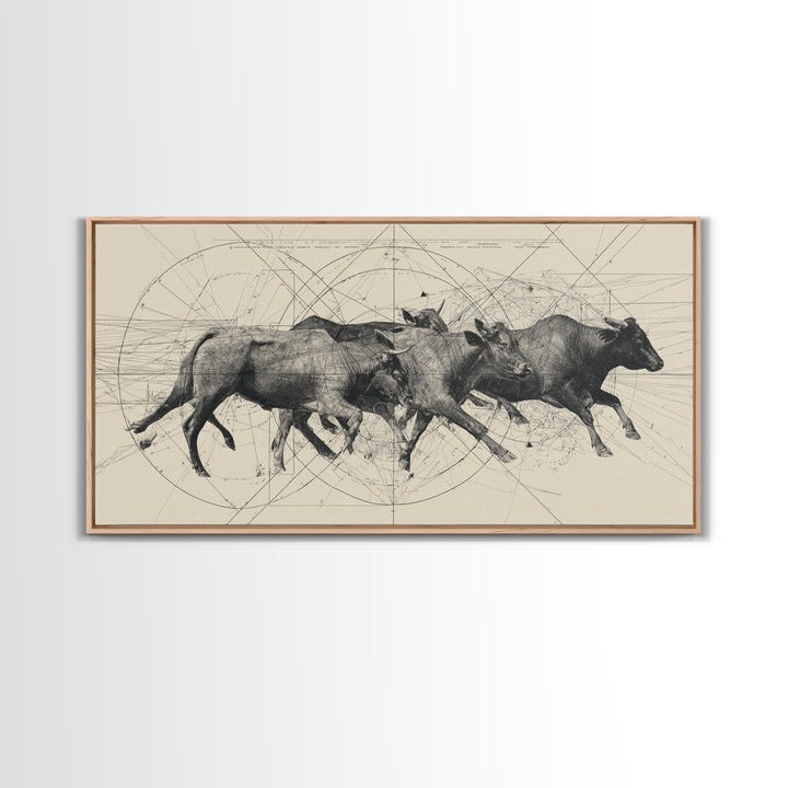 Running African Cattle Sketch Wall Art, Beige Ink Herd Drawing, Rustic Farmhouse Decor, Textured Canvas Print For Office