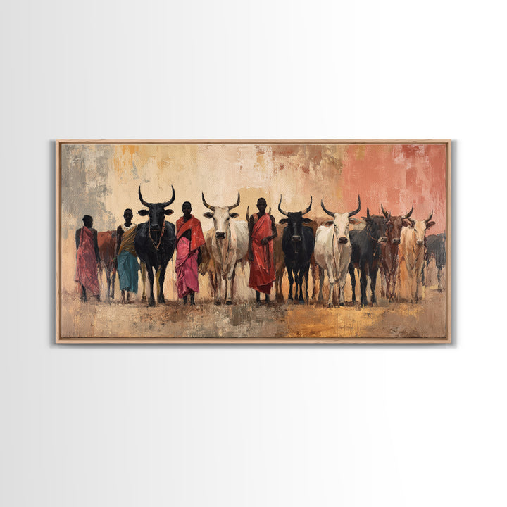 Maasai Herders With Longhorn Cattle Framed Canvas Print, African Safari Wall Art, Earth Tone Tribal Living Room Decor Gift