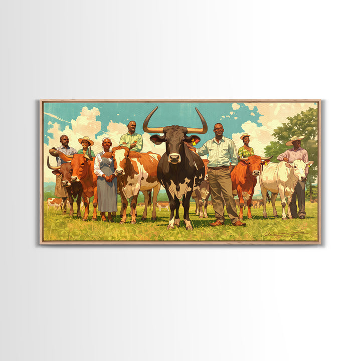 African Family With Cattle Wall Art, Sunny Pasture Portrait, Afrocentric Farm Decor, Vibrant Canvas Print For Living Room