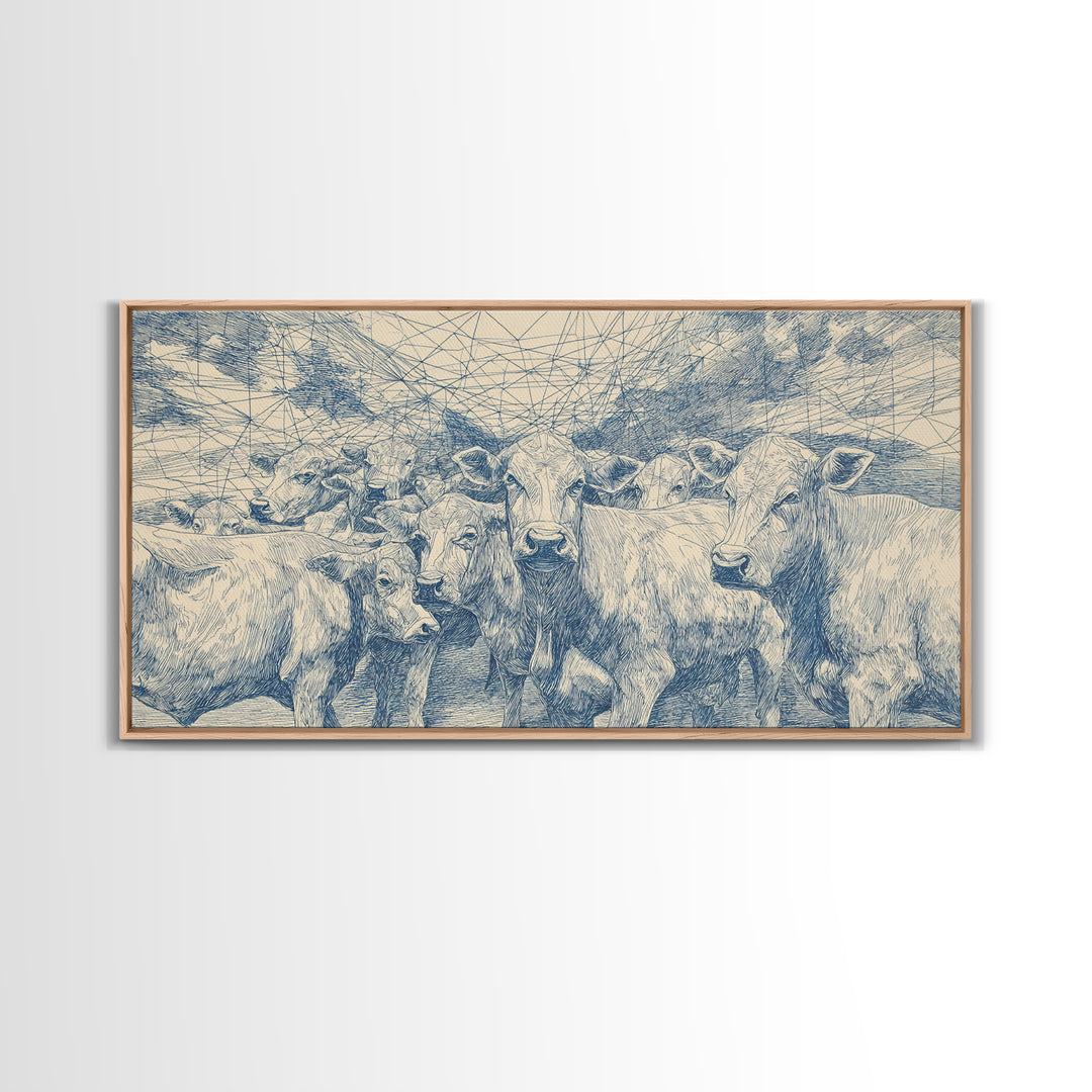 Blue Ink Cattle Herd Wall Art, African Pastoral Drawing, Geometric Farm Animal Decor, Minimalist Canvas Print For Office