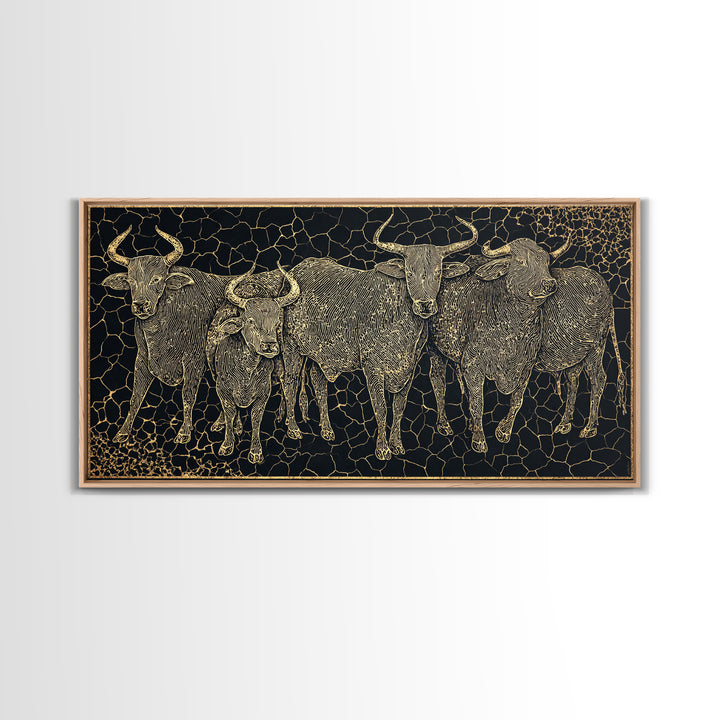 Gold Line Cattle Herd Wall Art, Black Mosaic Tribal Animal Illustration, African Farm Decor, Premium Canvas Print For Home