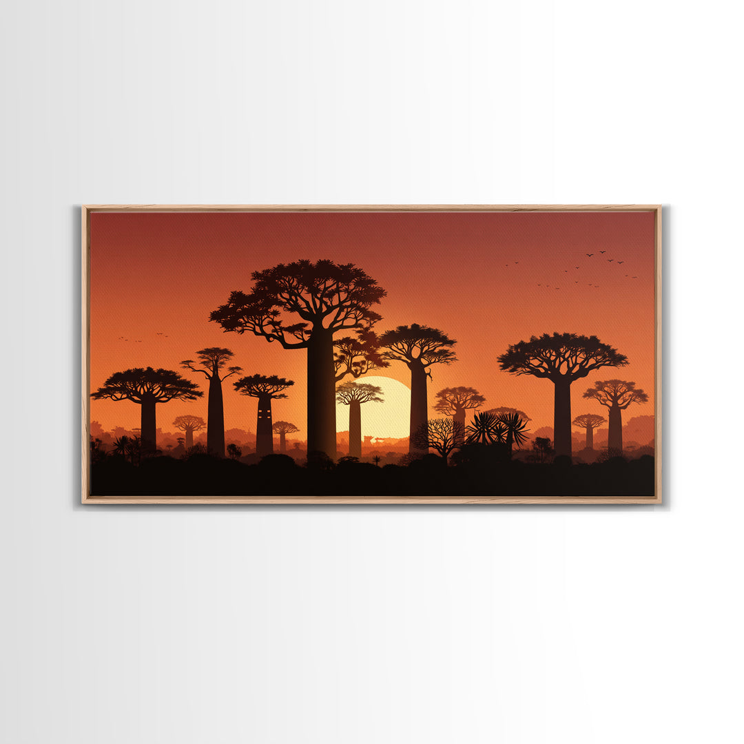 Baobab Trees At Orange Sunset Wall Art, African Landscape Silhouette, Madagascar Safari Decor, Warm Canvas Print For Home