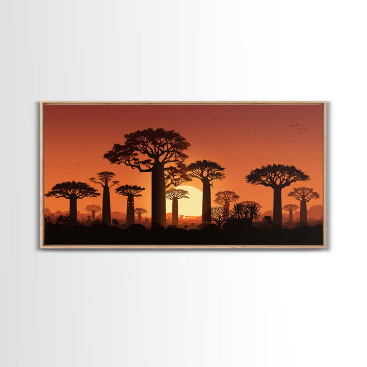 Baobab Trees At Orange Sunset Wall Art, African Landscape Silhouette, Madagascar Safari Decor, Warm Canvas Print For Home