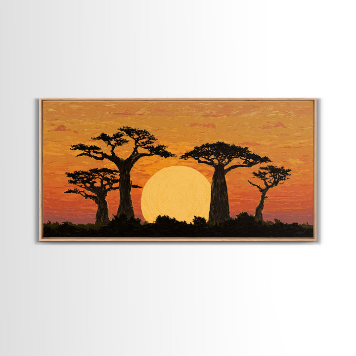 Golden Baobab Sunset Silhouette Wall Art, African Landscape Canvas Decor, Safari Tree Print, Warm Orange Living Room Gift