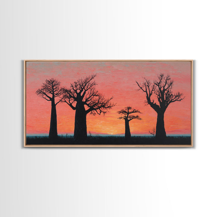 Coral Baobab Tree Silhouette Wall Art, African Landscape Print, Pink Sunset Safari Decor, Modern Canvas Gift For Home Decor