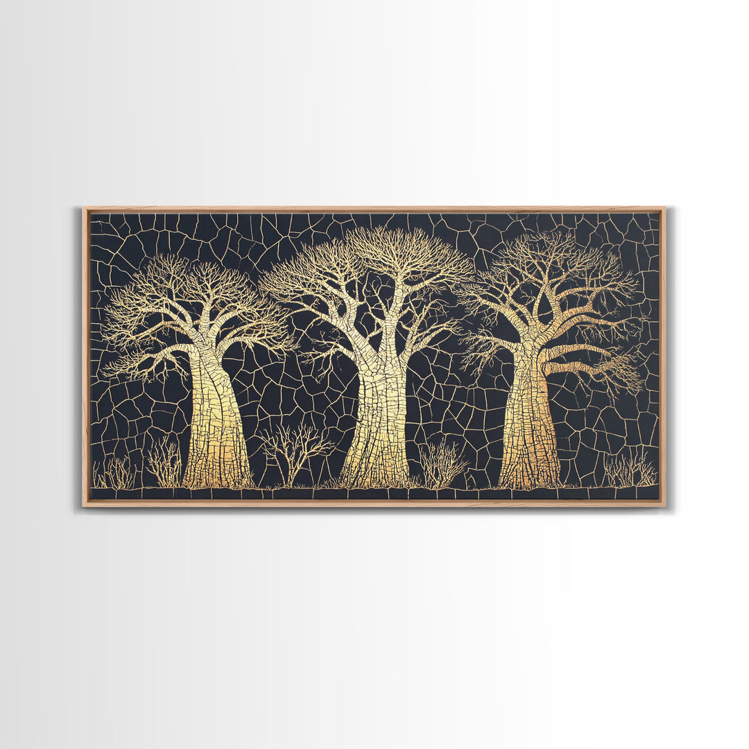 Gold Mosaic Baobab Forest Wall Art, African Tree Canvas Decor, Black And Gold Geometric Safari Print, Luxury Home Decor Gift