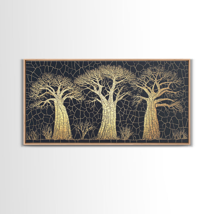 Gold Mosaic Baobab Forest Wall Art, African Tree Canvas Decor, Black And Gold Geometric Safari Print, Luxury Home Decor Gift