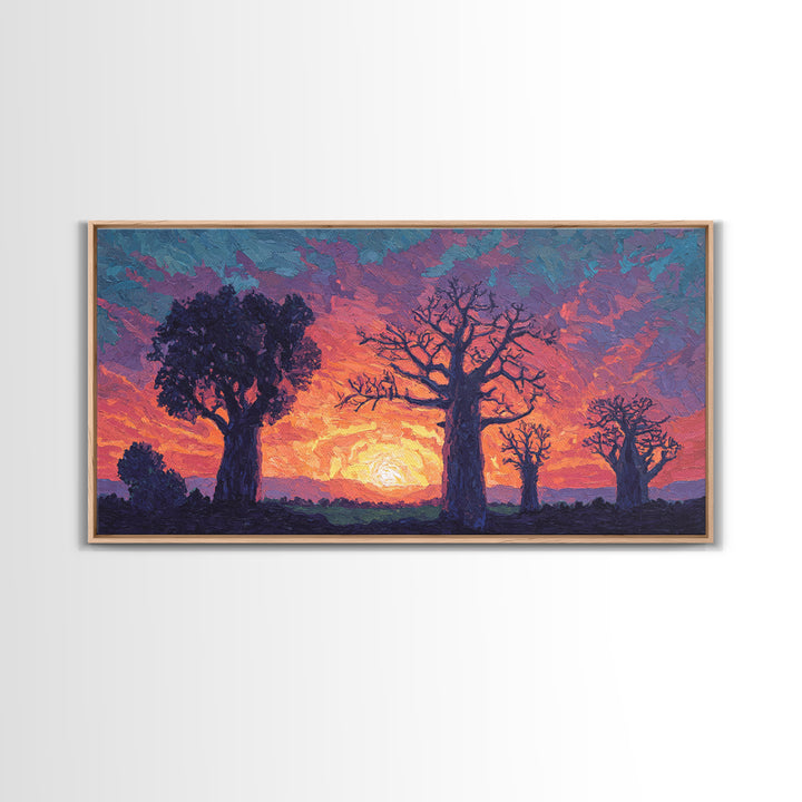 Textured Baobab Sunset Canvas Print, African Landscape Wall Decor, Purple Orange Modern Safari Art, Dreamy Living Room Gift