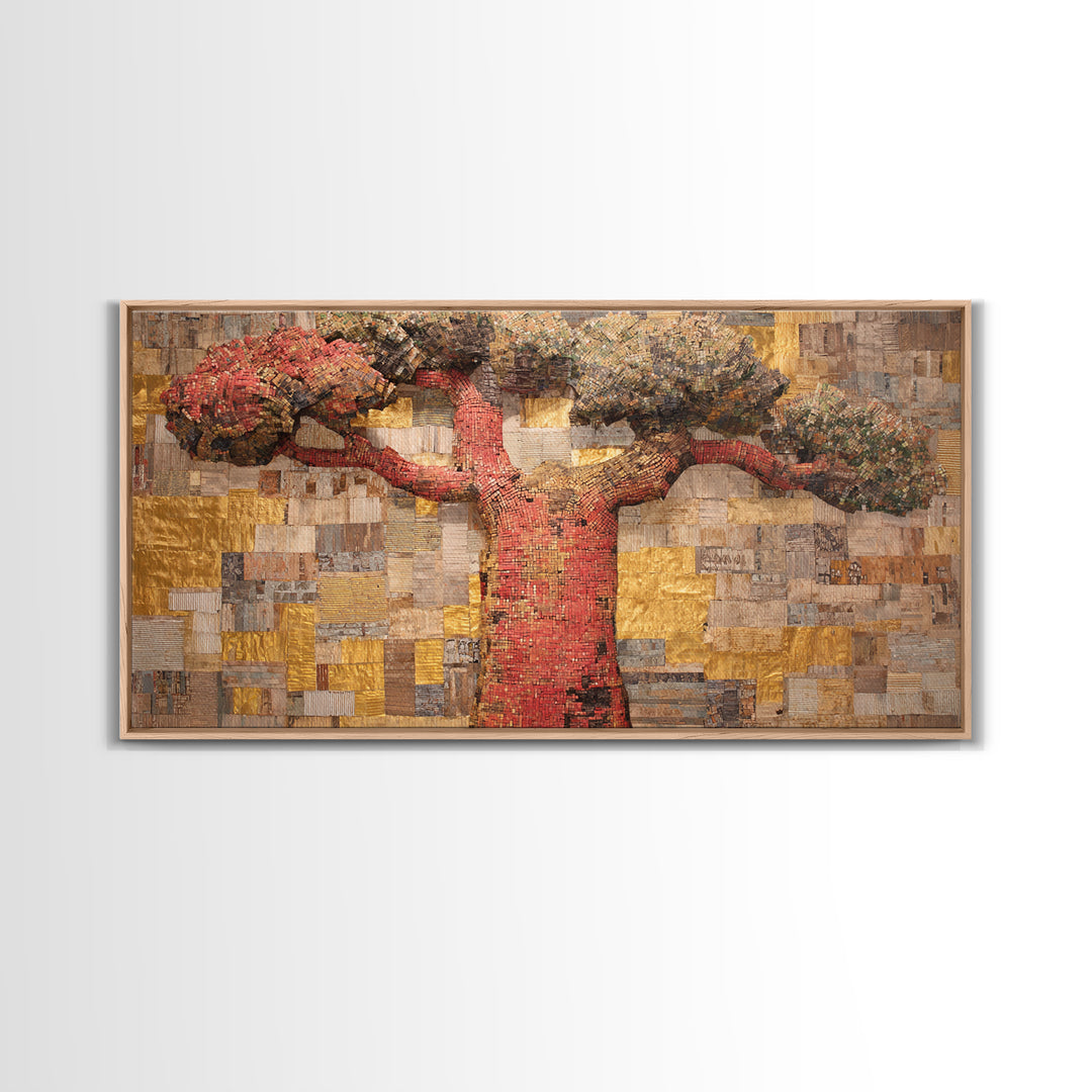 Red Baobab Collage On Gold Canvas Print, African Tree Wall Decor, Textured Mosaic Landscape Art, Bold Living Room Home Decor Gift