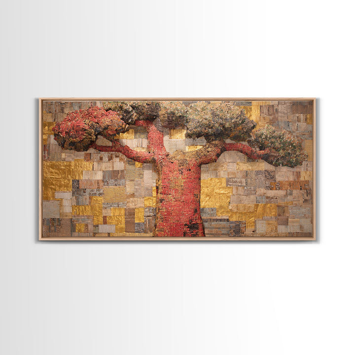 Red Baobab Collage On Gold Canvas Print, African Tree Wall Decor, Textured Mosaic Landscape Art, Bold Living Room Home Decor Gift