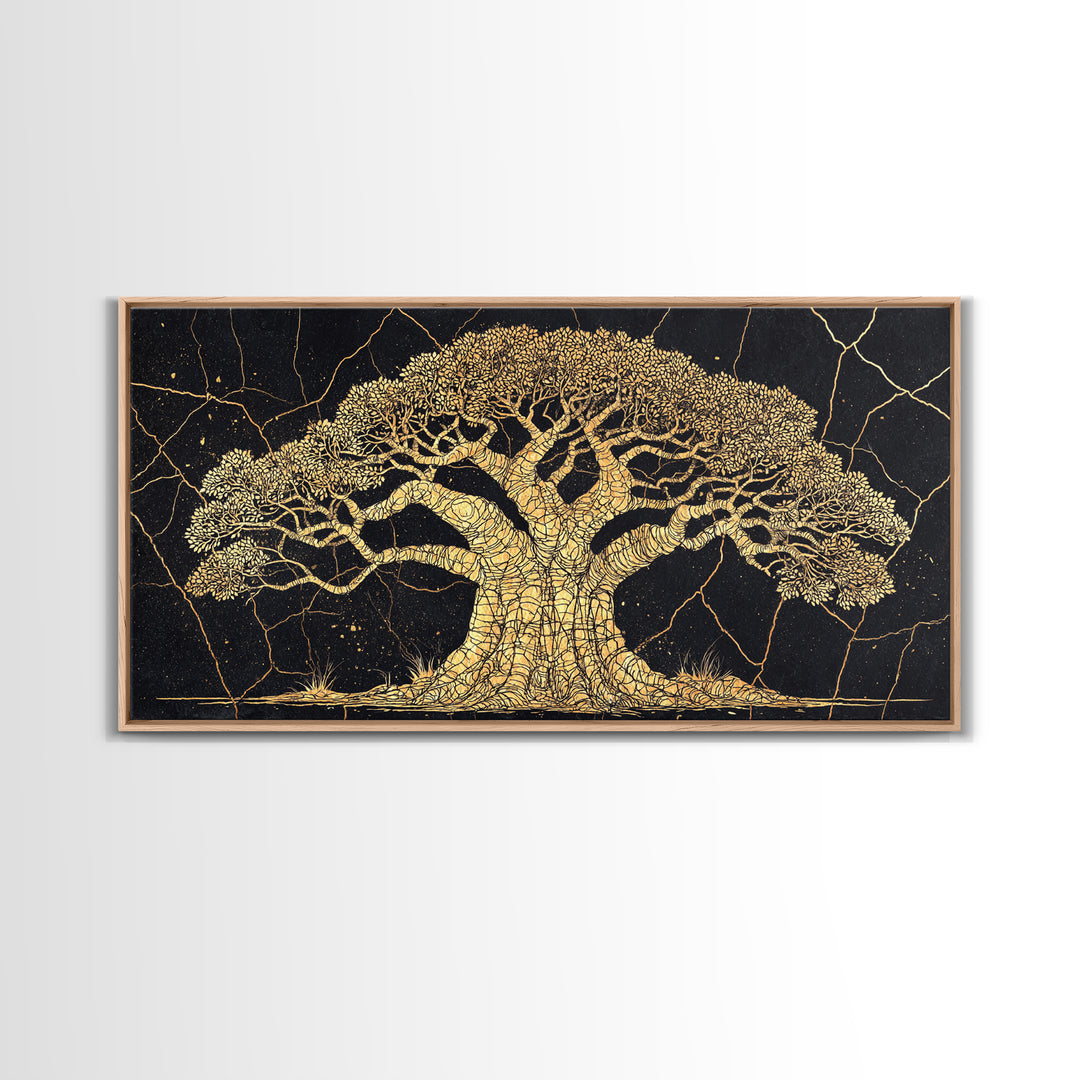 Golden Baobab Tree On Black Wall Art, African Tree Canvas Decor, Gold Crackle Safari Print, Elegant Statement Home Decor Gift