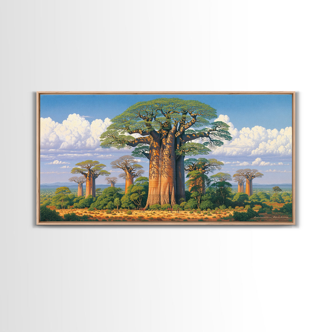 Lush Baobab Forest Under Blue Sky Framed Canvas Print, African Landscape Wall Decor, Madagascar Safari Tree Art Home Decor Gift