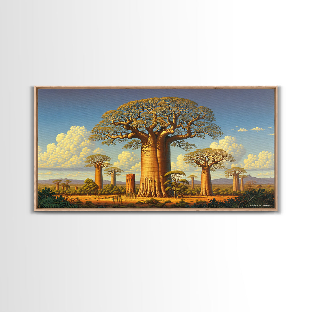 Golden Baobab Savanna Landscape Wall Art, African Tree Canvas Print, Safari Decor, Motherland Home Decor Gift, Statement Living Room Decor