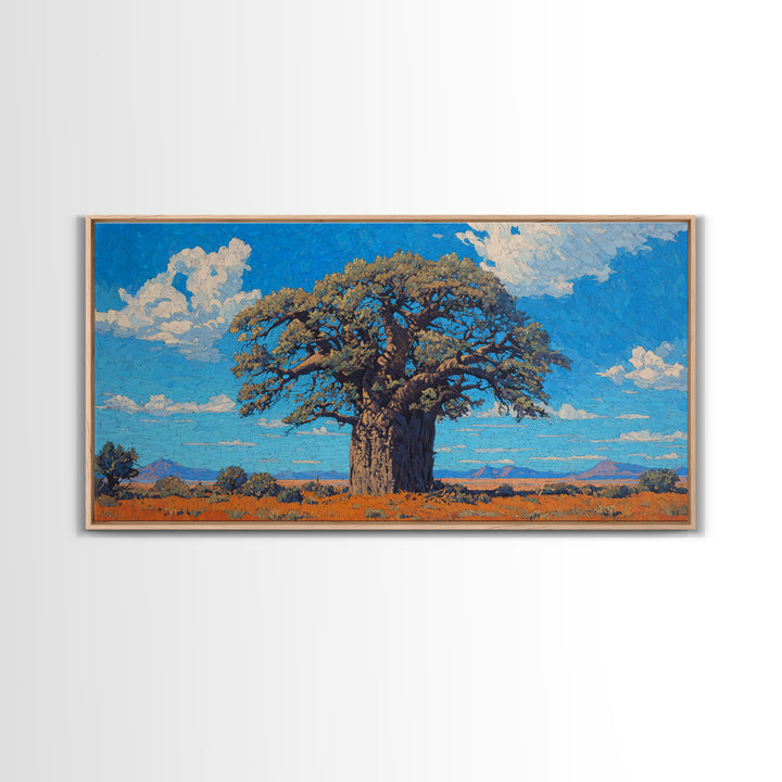 Sunlit Baobab Tree Canvas Print, African Landscape Wall Art, Blue Sky Safari Decor, Nature Scene Art, Unique Home Decor Gift