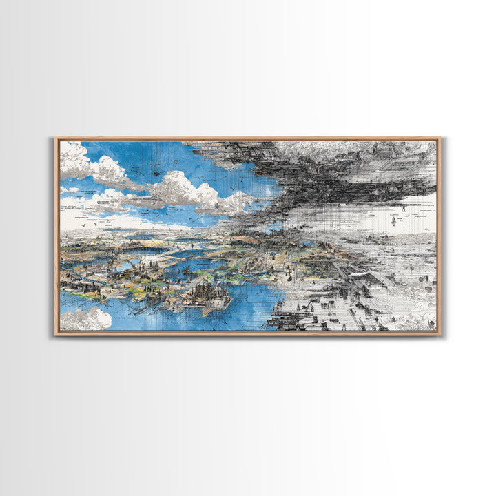 Blue And Black Dreamscape Map Wall Art, Abstract African Landscape Canvas Print, Modern Office Decor, Large Statement Art