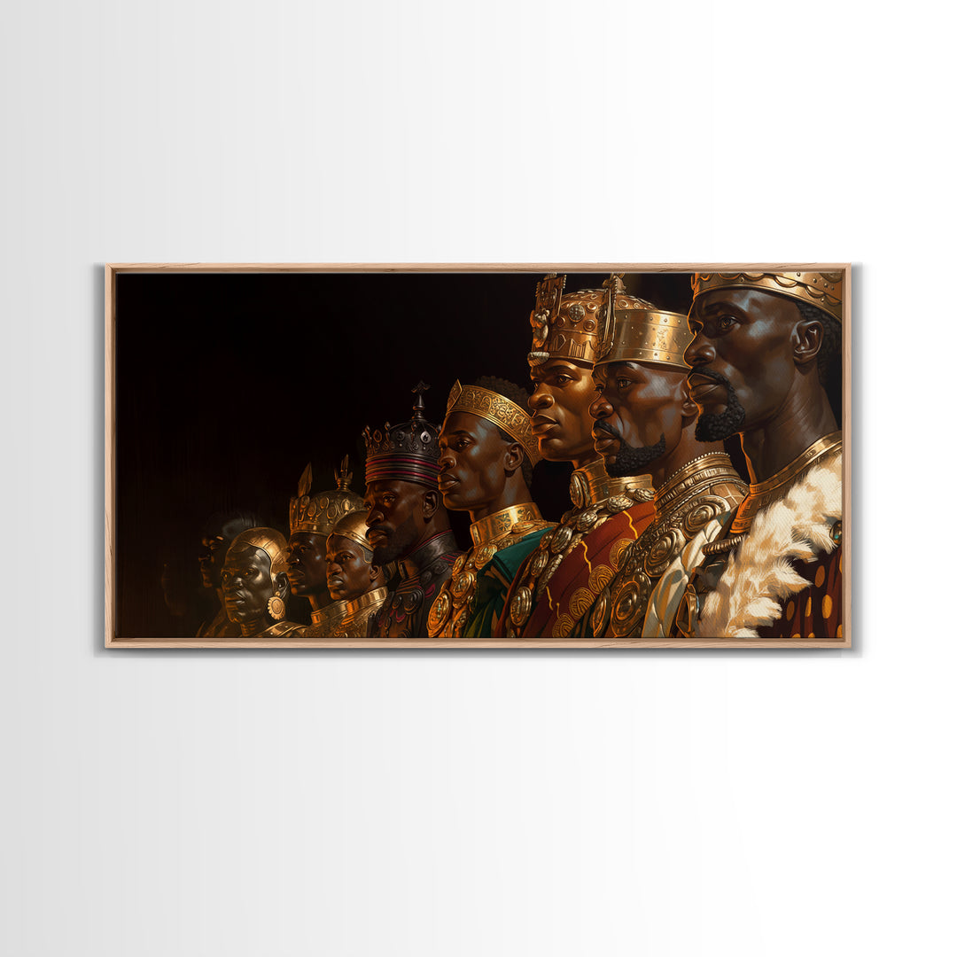 African Kings Royal Portrait Framed Canvas Print, Black History Wall Art, Gold Jewelry Canvas, Afrocentric Home Decor Gift