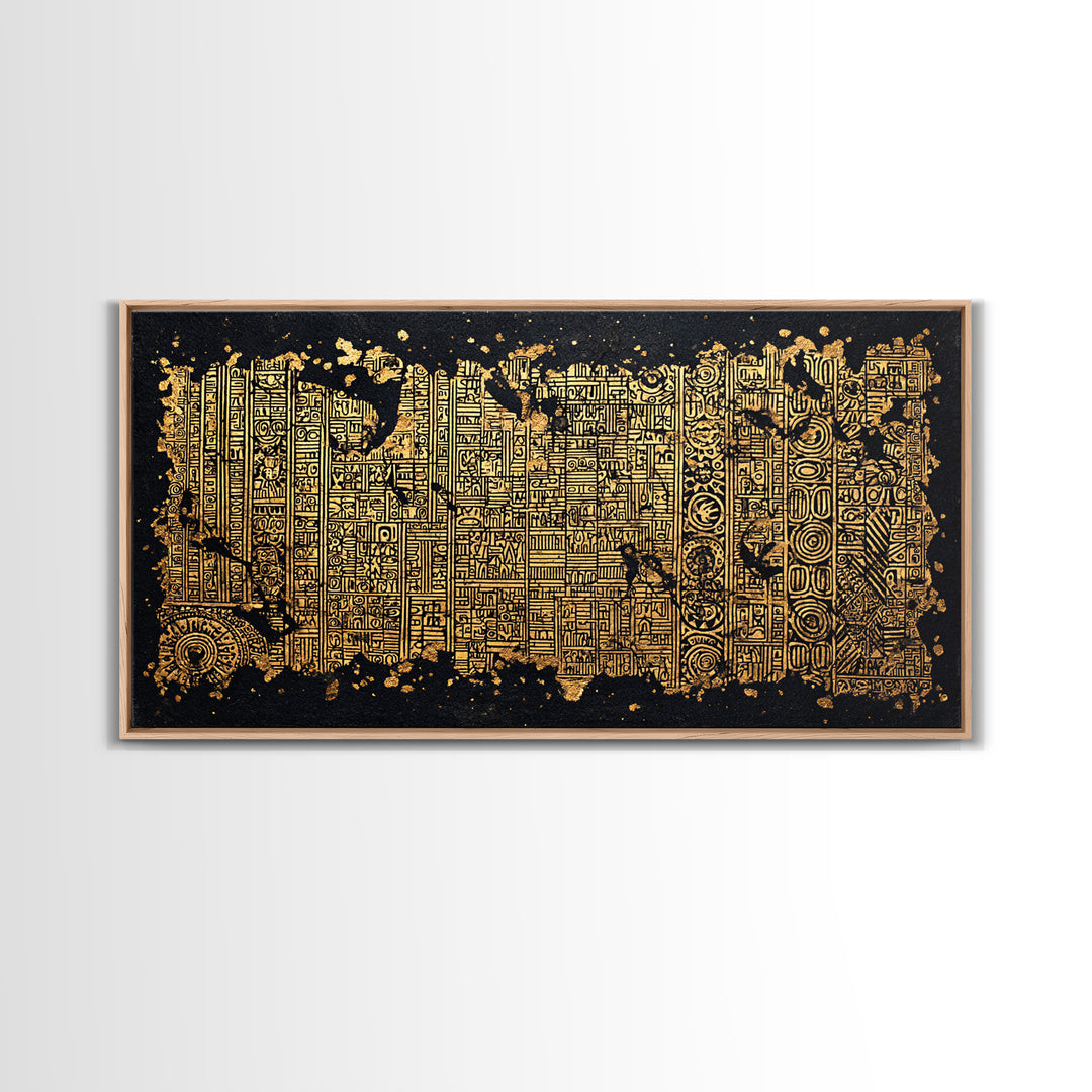 Gold Tribal Textile Pattern Canvas Print, Abstract African Art Decor, Kuba Inspired Wall Decor, Luxury Black Home Accent