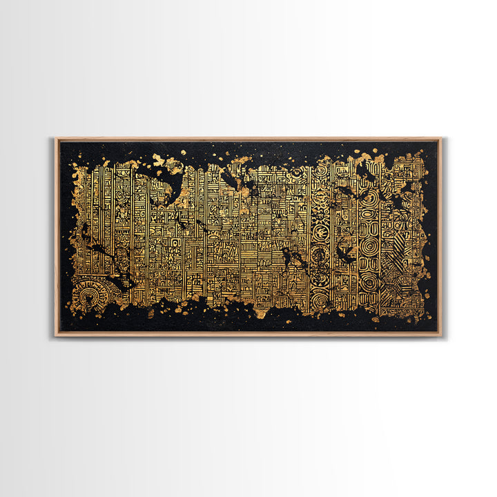 Gold Tribal Textile Pattern Canvas Print, Abstract African Art Decor, Kuba Inspired Wall Decor, Luxury Black Home Accent