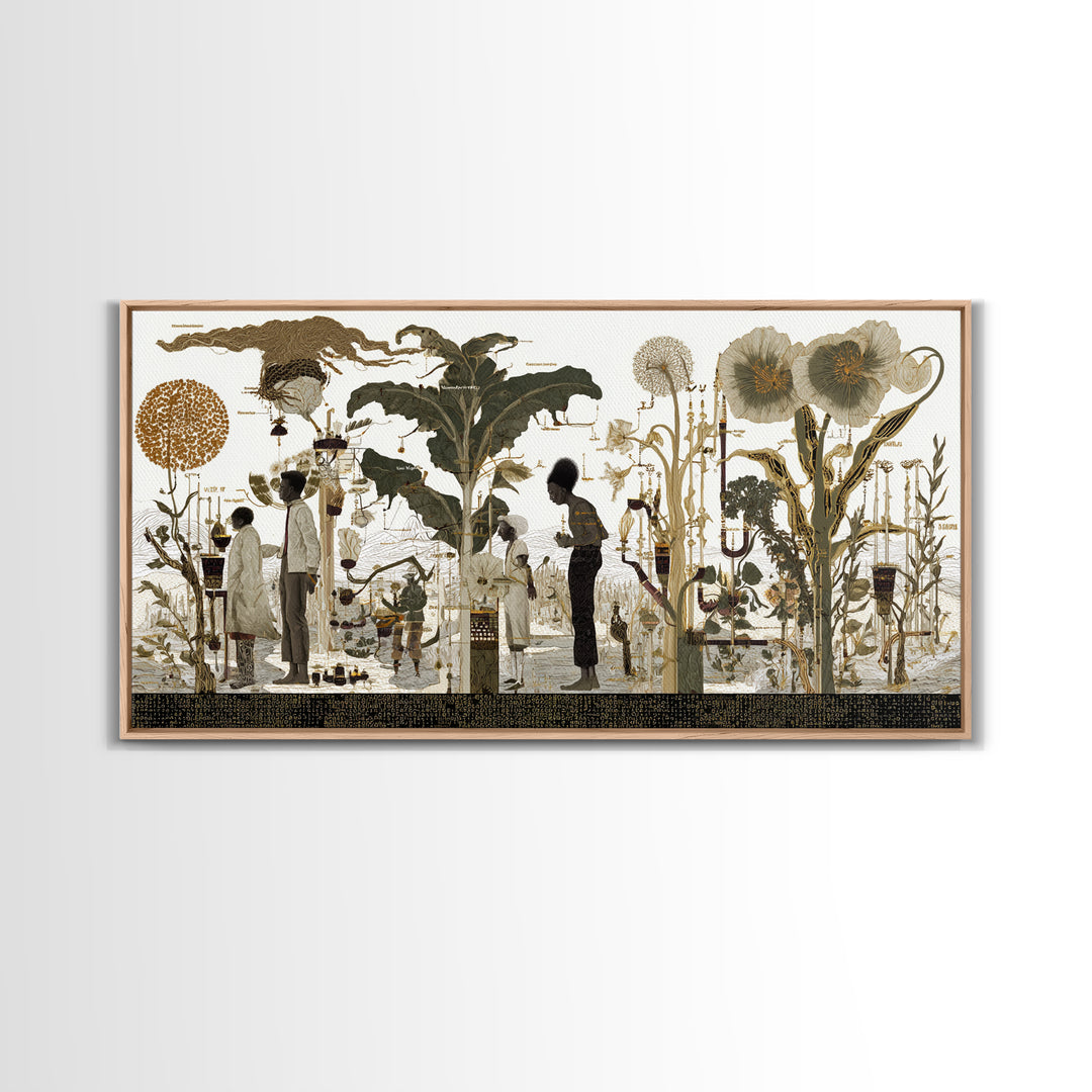 Neutral Botanical Black Figures Garden Wall Art, African American Art, Elegant Floral Canvas Print For Living Room Decor