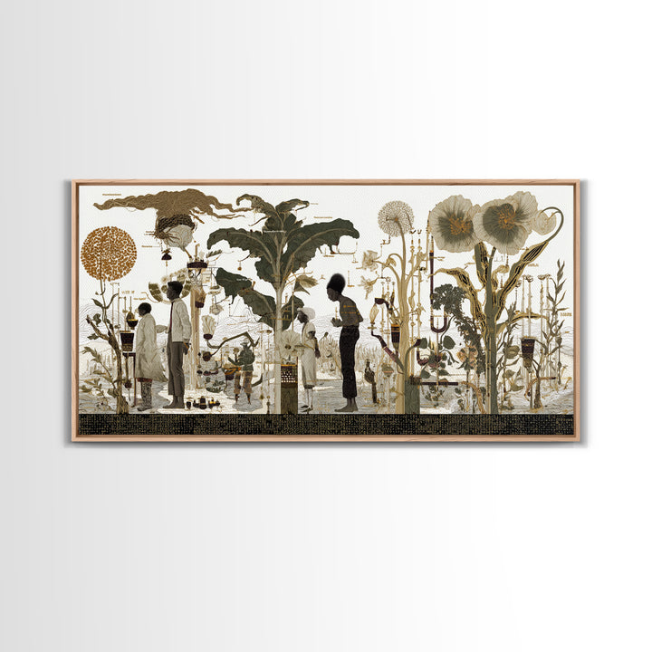 Neutral Botanical Black Figures Garden Wall Art, African American Art, Elegant Floral Canvas Print For Living Room Decor