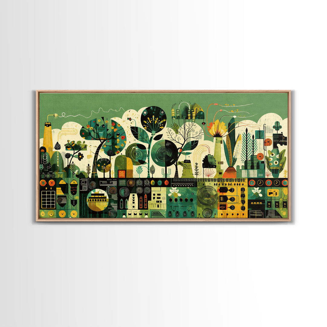Green Abstract Botanical Cityscape Wall Art, African Patterns, Modern Afrocentric Canvas Print, Cultural Home Decor Gift