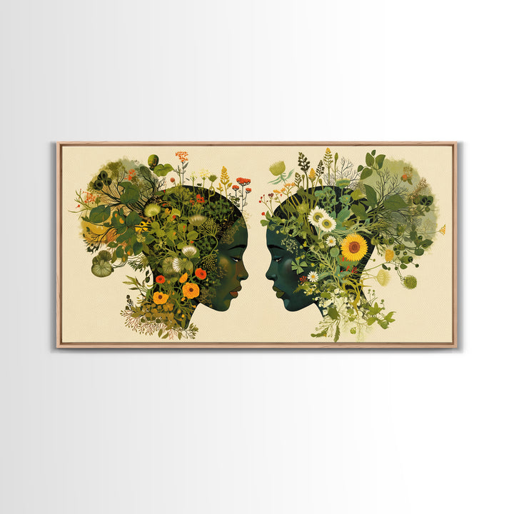 Floral Black Women Profile Portrait Wall Art, African Woman Art, Afrocentric Feminine Canvas Print, Botanical Home Decor Gift