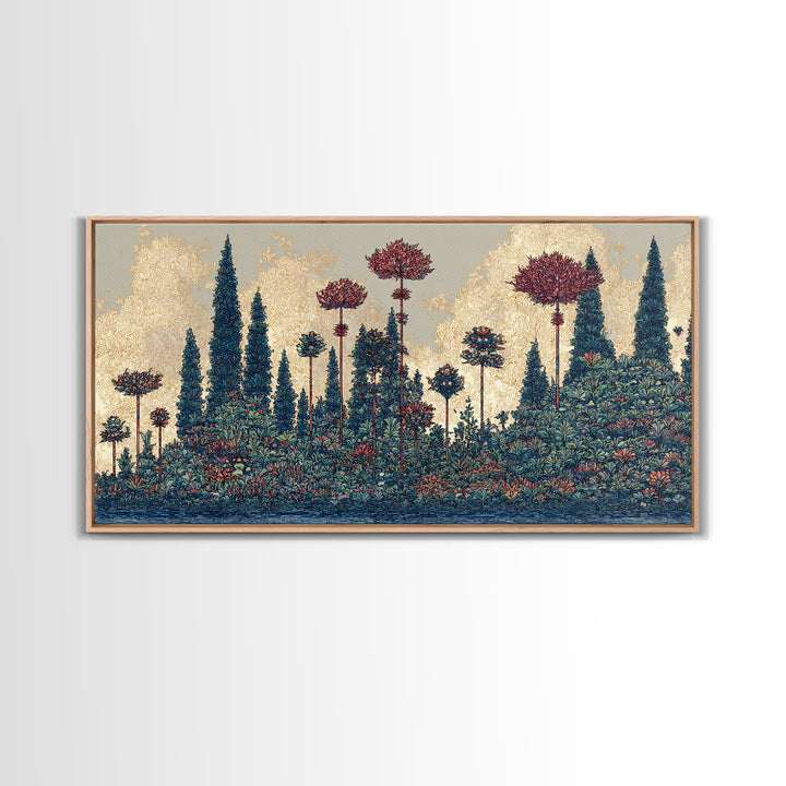 Dreamy Blue Forest Flower Landscape Canvas Print, African Inspired Wall Art, Nature Scene Art For Elegant Living Room Decor