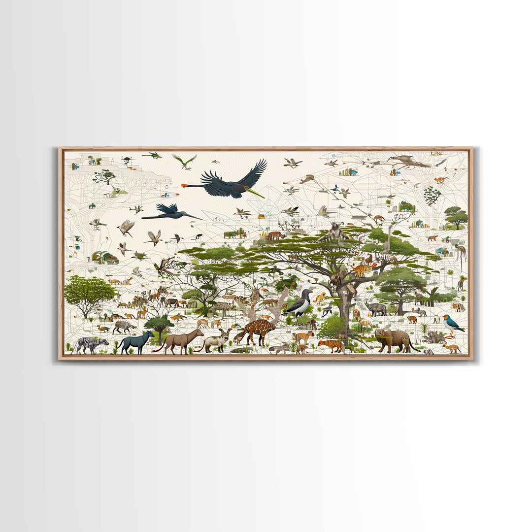 African Safari Animals Acacia Tree Wall Art, Serengeti Wildlife Canvas Print, Jungle Decor For Kids Room Or Office Decor