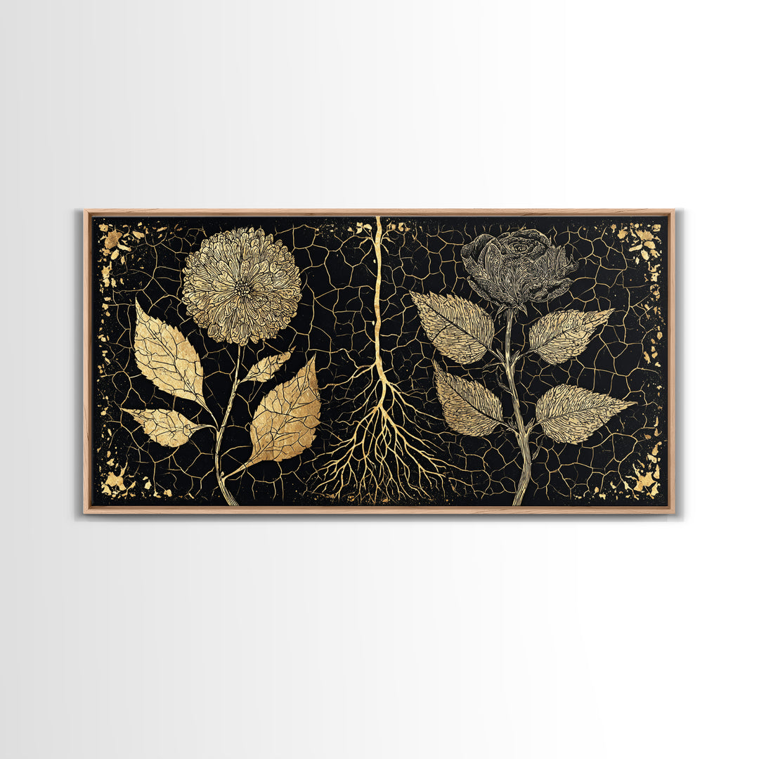 Black Gold Botanical Roots Framed Canvas Print, African Inspired Wall Decor, Luxury Nature Art, Elegant Home Decor Gift Idea